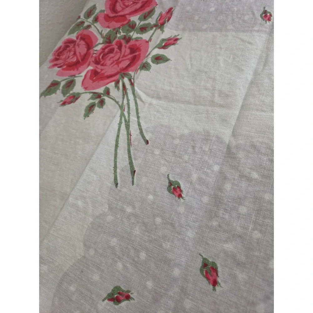 Vtg Floral Linen Tablecloth 46x46 Pink Red Cabbage Roses Polka Dot Small Stain